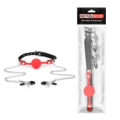 Красный кляп-шарик с зажимами на соски на металлической цепочке - Notabu - купить с доставкой в Копейске