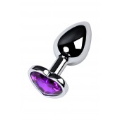 Серебристая коническая анальная пробка с фиолетовым кристаллом-сердечком - 7 см. - ToyFa - купить с доставкой в Копейске