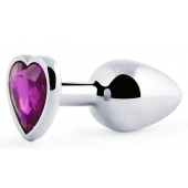 Серебристая анальная пробка с фиолетовым кристаллом-сердечком - 8 см. - Anal Jewelry Plug - купить с доставкой в Копейске