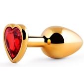 Золотистая анальная пробка с красным стразом-сердечком - 8 см. - Anal Jewelry Plug - купить с доставкой в Копейске