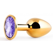 Золотистая анальная пробка с фиолетовым стразом - 7,2 см. - Anal Jewelry Plug - купить с доставкой в Копейске