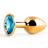 Золотистая анальная пробка с голубым стразом - 7,2 см. - Anal Jewelry Plug - купить с доставкой в Копейске