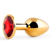Золотистая анальная пробка с красным стразом - 7,2 см. - Anal Jewelry Plug - купить с доставкой в Копейске