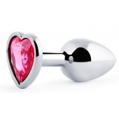 Серебристая анальная пробка с розовым кристаллом-сердечком - 7 см. - Anal Jewelry Plug - купить с доставкой в Копейске