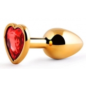Золотистая анальная пробка с красным стразом-сердечком - 7 см. - Anal Jewelry Plug - купить с доставкой в Копейске