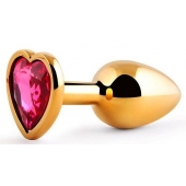 Золотистая анальная пробка с малиновым кристаллом-сердечком - 7 см. - Anal Jewelry Plug - купить с доставкой в Копейске