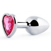 Серебристая анальная пробка с малиновым кристаллом-сердечком - 7 см. - Anal Jewelry Plug - купить с доставкой в Копейске