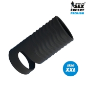 Черная открытая насадка на пенис с кольцом для мошонки XXL-size - 9,4 см. - Sex Expert - в Копейске купить с доставкой