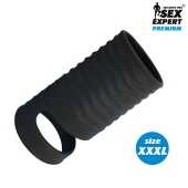 Черная открытая насадка на пенис с кольцом для мошонки XXXL-size - 9,9 см. - Sex Expert - в Копейске купить с доставкой