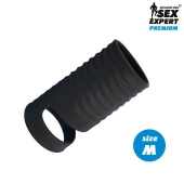 Черная открытая насадка на пенис с кольцом для мошонки size M - 7,9 см. - Sex Expert - в Копейске купить с доставкой
