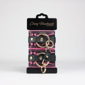 Черные кожаные наручники с розовой строчкой - Crazy Handmade - купить с доставкой в Копейске