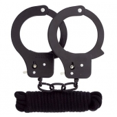 Чёрные наручники из листового металла в комплекте с веревкой BONDX METAL CUFFS LOVE ROPE SET - Dream Toys - купить с доставкой в Копейске