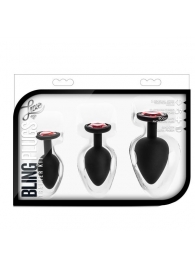 Набор черных анальных пробок с красным кристаллом-сердечком Bling Plugs Training Kit - Blush Novelties - купить с доставкой в Копейске