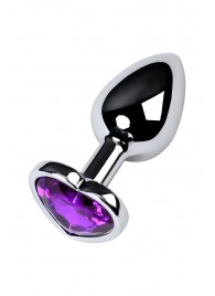 Серебристая коническая анальная пробка с фиолетовым кристаллом-сердечком - 7 см. - ToyFa - купить с доставкой в Копейске