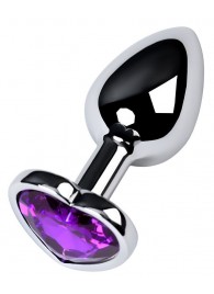 Серебристая коническая анальная пробка с фиолетовым кристаллом-сердечком - 7 см. - ToyFa - купить с доставкой в Копейске