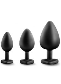 Набор из 3 черных пробок с прозрачным кристаллом-сердечком Bling Plugs Training Kit - Blush Novelties - купить с доставкой в Копейске