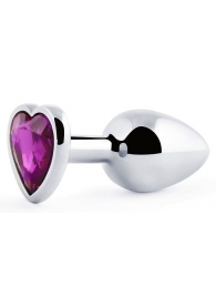 Серебристая анальная пробка с фиолетовым кристаллом-сердечком - 8 см. - Anal Jewelry Plug - купить с доставкой в Копейске