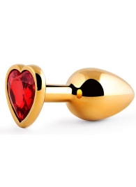 Золотистая анальная пробка с красным стразом-сердечком - 8 см. - Anal Jewelry Plug - купить с доставкой в Копейске