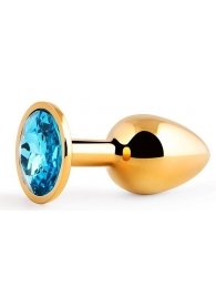 Золотистая анальная пробка с голубым стразом - 7,2 см. - Anal Jewelry Plug - купить с доставкой в Копейске