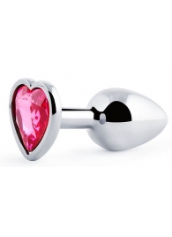 Серебристая анальная пробка с розовым кристаллом-сердечком - 7 см. - Anal Jewelry Plug - купить с доставкой в Копейске