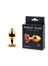 Золотистая анальная пробка с малиновым кристаллом-сердечком - 7 см. - Anal Jewelry Plug - купить с доставкой в Копейске