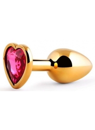 Золотистая анальная пробка с малиновым кристаллом-сердечком - 7 см. - Anal Jewelry Plug - купить с доставкой в Копейске
