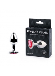 Серебристая анальная пробка с малиновым кристаллом-сердечком - 7 см. - Anal Jewelry Plug - купить с доставкой в Копейске