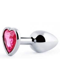Серебристая анальная пробка с малиновым кристаллом-сердечком - 7 см. - Anal Jewelry Plug - купить с доставкой в Копейске