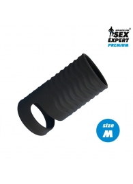 Черная открытая насадка на пенис с кольцом для мошонки size M - 7,9 см. - Sex Expert - в Копейске купить с доставкой