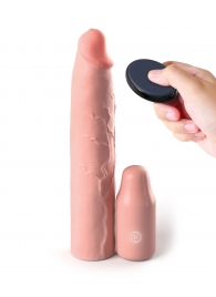 Телесная вибронасадка на член 3  Vibrating Mega X-tension with Remote - 22,9 см. - Pipedream - в Копейске купить с доставкой
