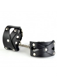 Черные кожаные наручники  Цезарь  с цепочкой на карабинах - Sitabella - купить с доставкой в Копейске