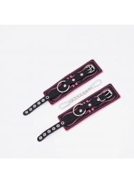 Черно-розовые кожаные наручники с розовой строчкой - Crazy Handmade - купить с доставкой в Копейске