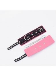 Черно-розовые кожаные наручники с розовой строчкой - Crazy Handmade - купить с доставкой в Копейске