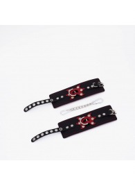 Черные кожаные наручники с красным декором и строчкой - Crazy Handmade - купить с доставкой в Копейске