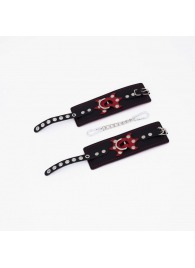 Черные кожаные наручники с красным декором и строчкой - Crazy Handmade - купить с доставкой в Копейске