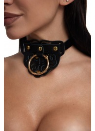 Черный фигурный кожаный ошейник с золотистой фурнитурой - Crazy Handmade - купить с доставкой в Копейске