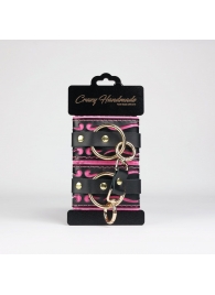 Черные кожаные наручники с розовой строчкой - Crazy Handmade - купить с доставкой в Копейске