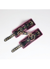 Черные кожаные наручники с розовой строчкой - Crazy Handmade - купить с доставкой в Копейске