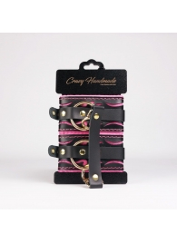 Черные кожаные оковы с розовой строчкой - Crazy Handmade - купить с доставкой в Копейске