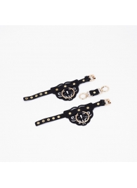 Черные кожаные наручники с клепками, кольцами и золотистой фурнитурой - Crazy Handmade - купить с доставкой в Копейске