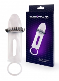 Закрытая насадка на пенис с подхватом мошонки и стимулирующими «ресничками» - Sextaz - в Копейске купить с доставкой