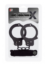 Чёрные наручники из листового металла в комплекте с веревкой BONDX METAL CUFFS LOVE ROPE SET - Dream Toys - купить с доставкой в Копейске