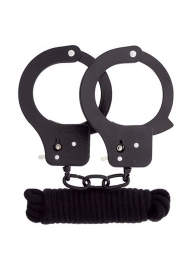 Чёрные наручники из листового металла в комплекте с веревкой BONDX METAL CUFFS LOVE ROPE SET - Dream Toys - купить с доставкой в Копейске