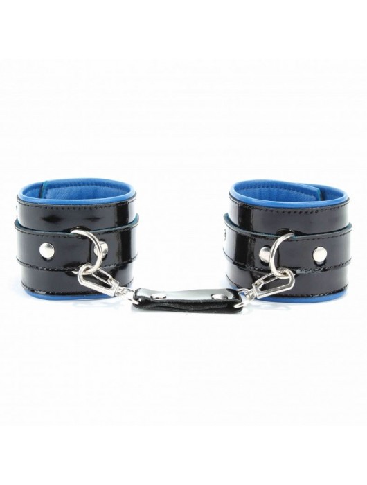 Чёрные лаковые наручники с синим подкладом - БДСМ Арсенал - купить с доставкой в Копейске
