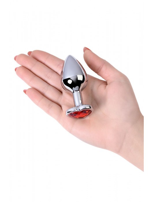 Серебристая коническая анальная пробка с красным кристаллом-сердечком - 7 см. - ToyFa - купить с доставкой в Копейске