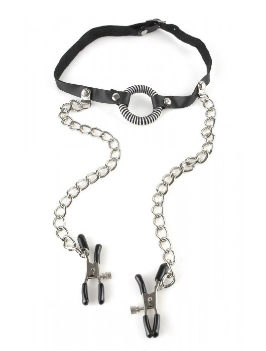 Кляп, соединенный цепочкой с клипсами для сосков - Pipedream - купить с доставкой в Копейске