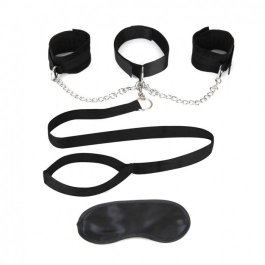 Чёрный ошейник с наручниками и поводком Collar Cuffs   Leash Set - Lux Fetish - купить с доставкой в Копейске