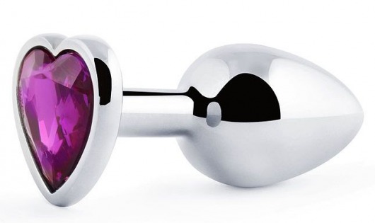 Серебристая анальная пробка с фиолетовым кристаллом-сердечком - 8 см. - Anal Jewelry Plug - купить с доставкой в Копейске