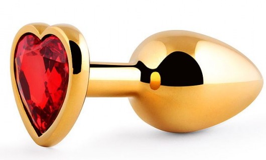 Золотистая анальная пробка с красным стразом-сердечком - 8 см. - Anal Jewelry Plug - купить с доставкой в Копейске