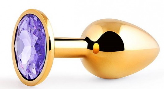 Золотистая анальная пробка с фиолетовым стразом - 7,2 см. - Anal Jewelry Plug - купить с доставкой в Копейске